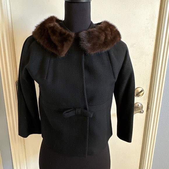 Vintage Switzers 50s Mink Fur Collar Cropped Black Jacket With Bow Small - Picture 1 of 9